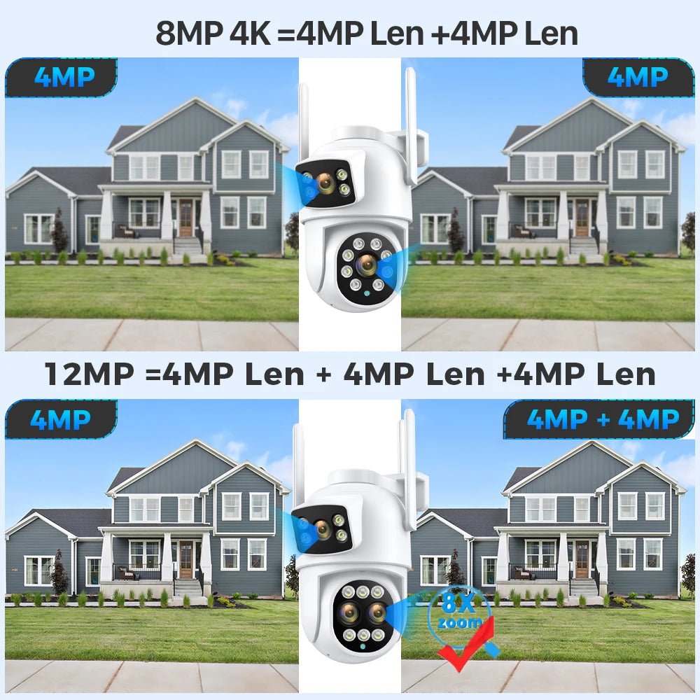 12MP 6K WiFi IP Camera 8X Zoom Dual Screens 8MP PTZ Wifi Surveillance Camera Outdoor Night Vision ICSEE APP CAM Human Detection - SAKLIC