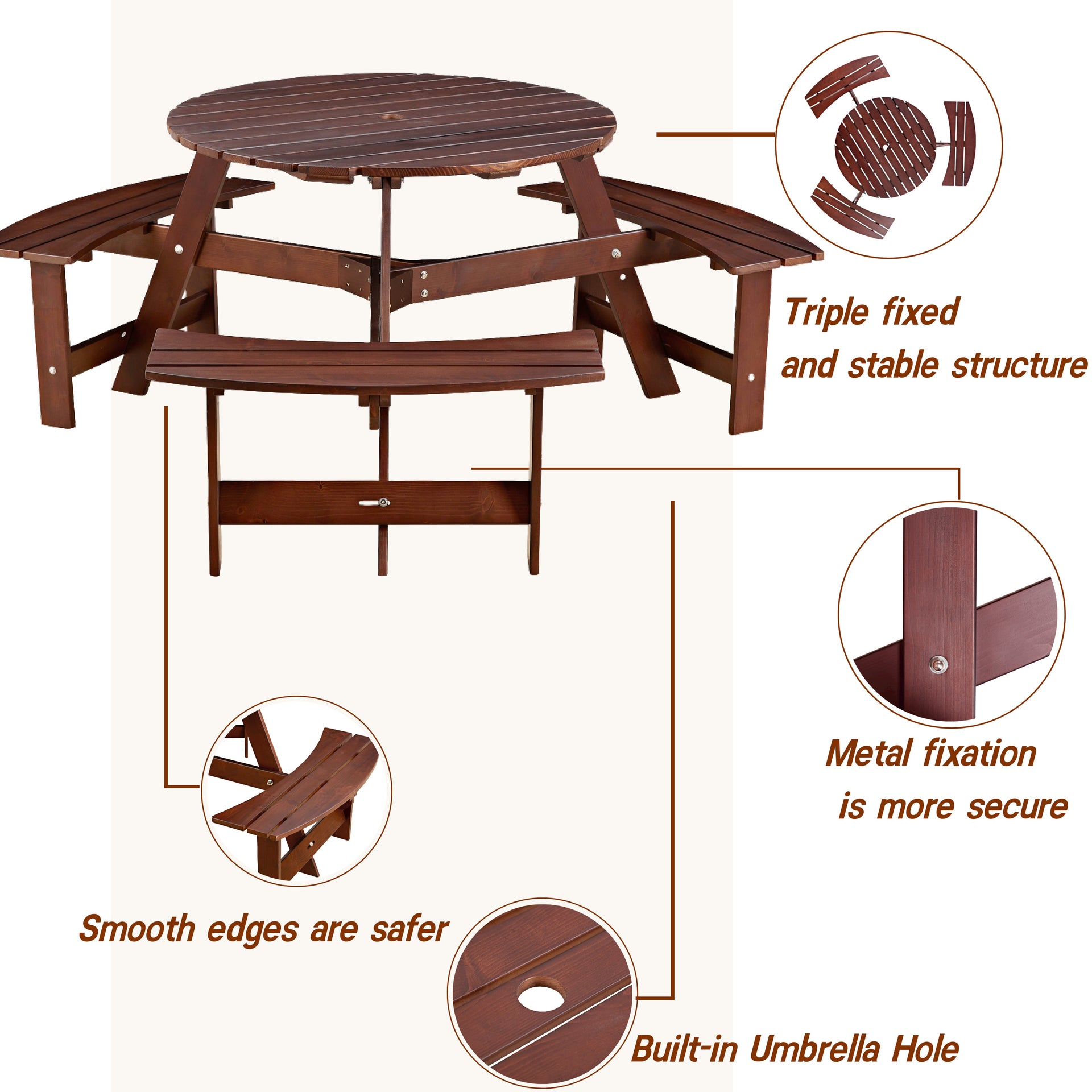 6-person circular picnic table with 3 built-in benches, umbrella holes, outdoor tables and chairs brown bench set