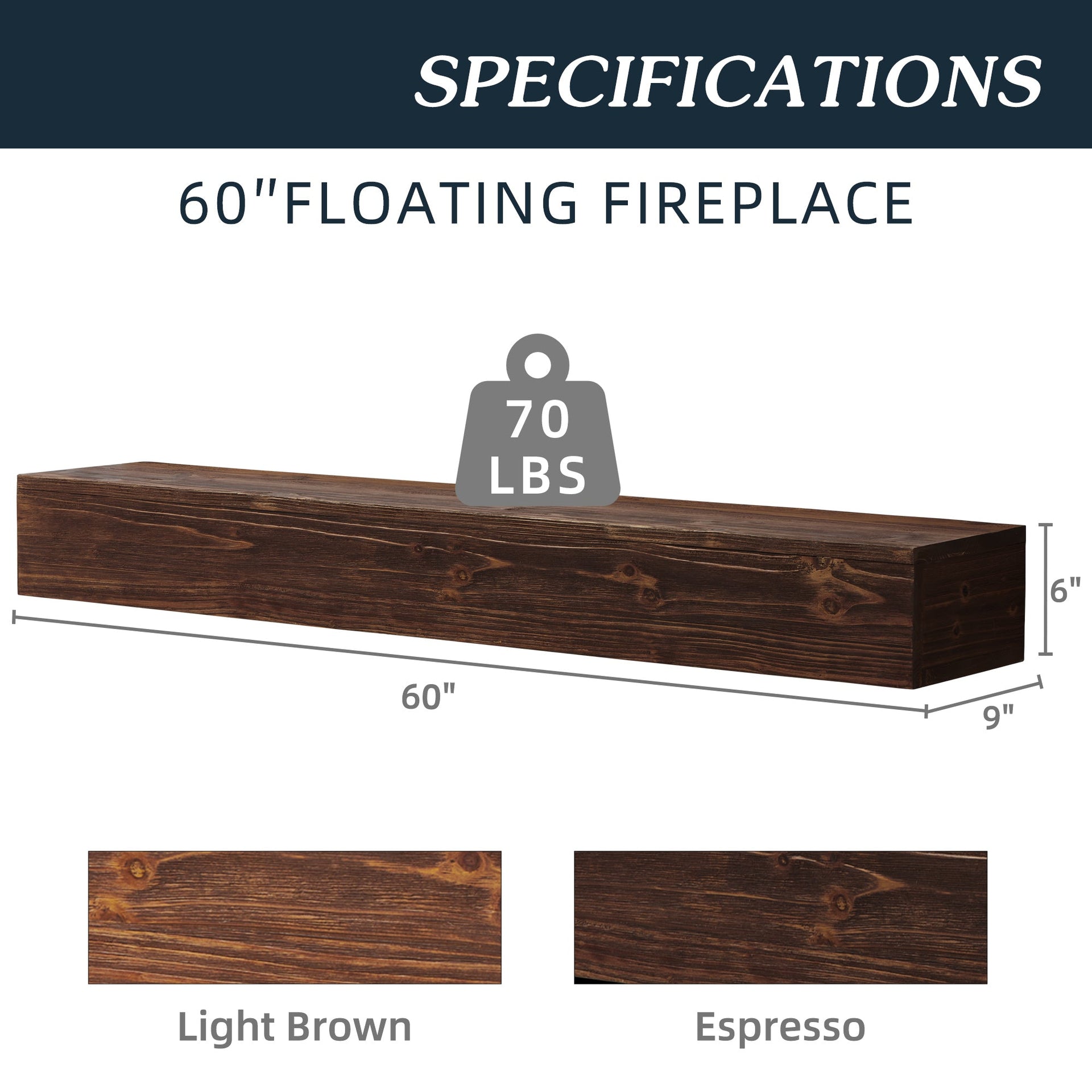 60" Rustic Wood Fireplace Mantel,Wall - Mounted & Floating Shelf for Home Decor Espresso + Solid Wood - SAKLIC