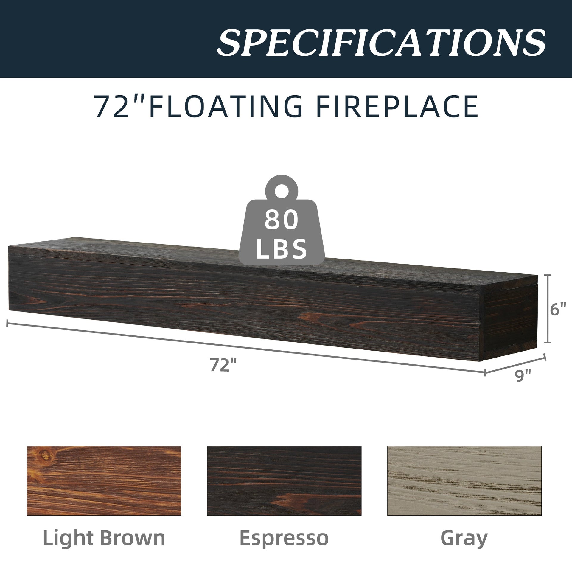 72" Rustic Wood Fireplace Mantel,Wall - Mounted & Floating Shelf for Home Decor Espresso - SAKLIC