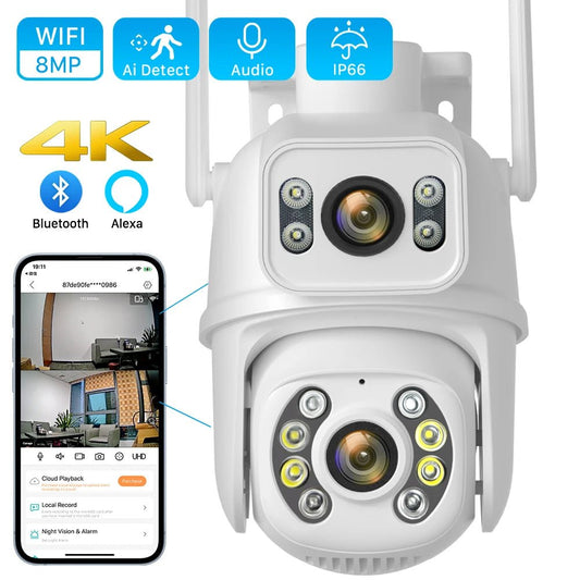 8MP 4K PTZ Wifi Camera Dual Lens with Dual Screen Ai Human Detect Auto Tracking Wireless Outdoor Surveillance Camera iCSee App - SAKLIC