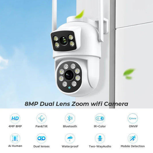 8MP 4K WIFI IP Camera Dual Lens PTZ Outdoor Wireless Surveillance Camera Auto Tracking Night Vision Home Security Monitor iCSee - SAKLIC