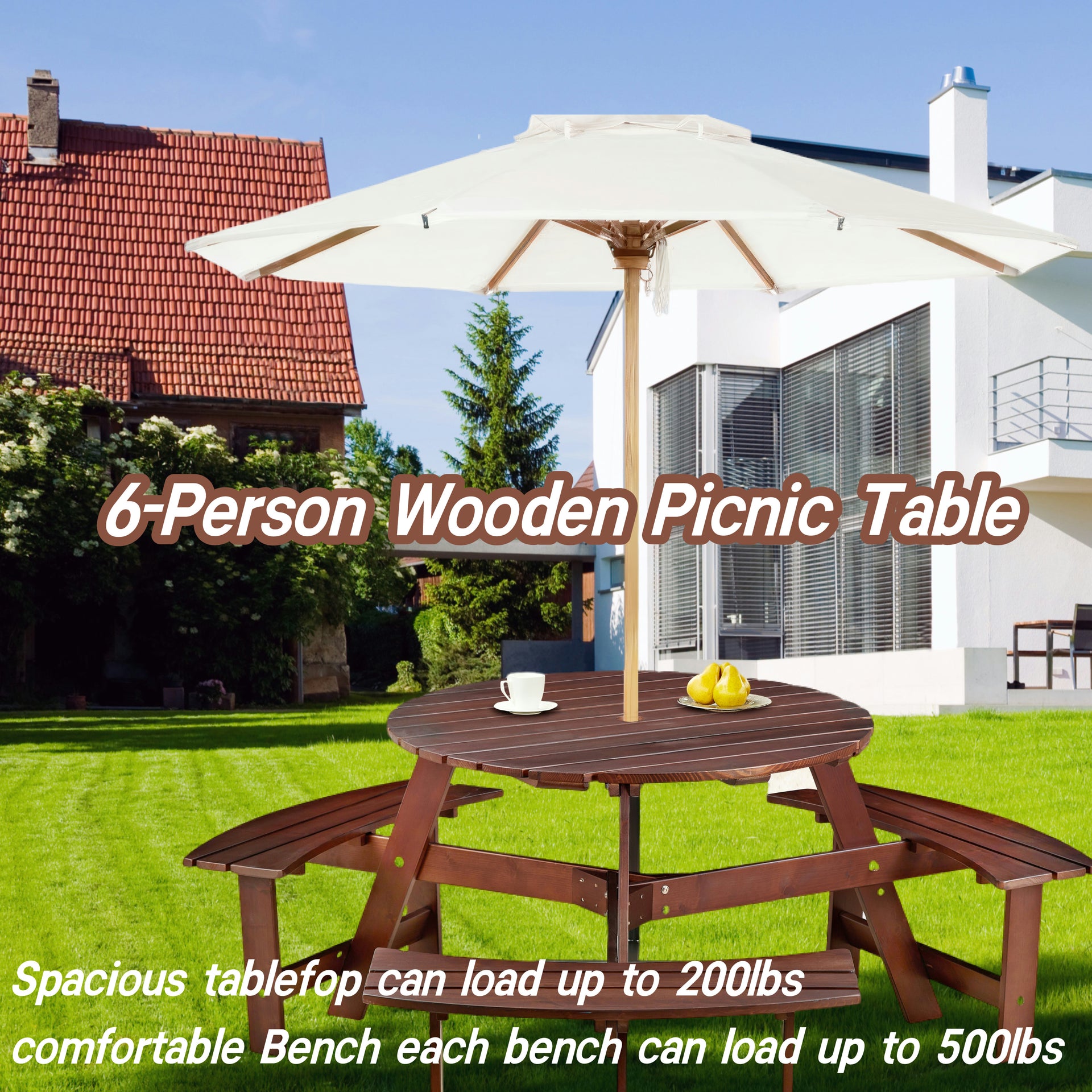 6-person circular picnic table with 3 built-in benches, umbrella holes, outdoor tables and chairs brown bench set