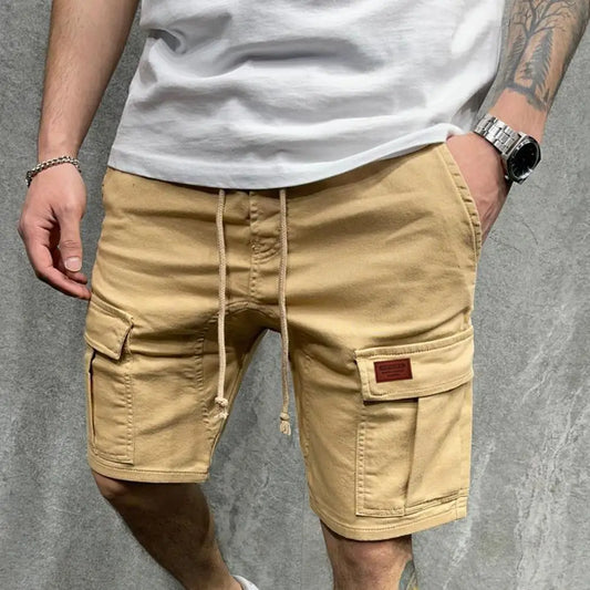 Calças Cargo de Cor Sólida para Homens Calças Casuais de Verão com Múltiplos Bolsos Calças Jogger para Homens com Corda de Ajuste Calças até o Joelho short homme