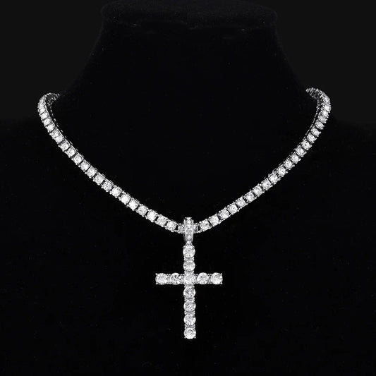 Colar de Pendente Cruz Hip Hop para Homens e Mulheres com Corrente de Ténis de Zircão de 4mm Iced Out Joias Exquisitas Bling Moda Tendência Criativa