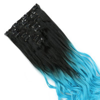 Extensões de Cabelo Ombre Preto para Azul Sintéticas Cacheadas com Clips para Cabelo Completo Peças de Cabelo Clip Natural