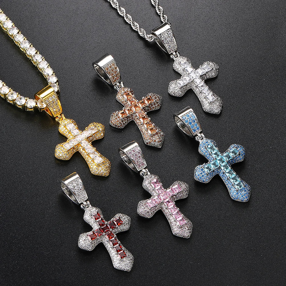 Iced Out Zirconia Cross Pendant Necklaces Fashion Hiphop Rapper's Stainless Steel Rope Chain on Neck Homme Trend Jewelry OHP141