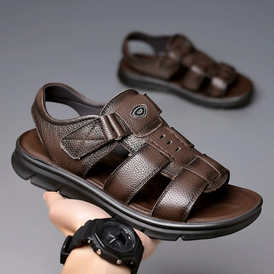 Brand Men's Fashionable Top Layer Cowhide Roman Beach Sandals Summer Breathable Soft Sole Non Slip Outdoor Quick Drying Sandals