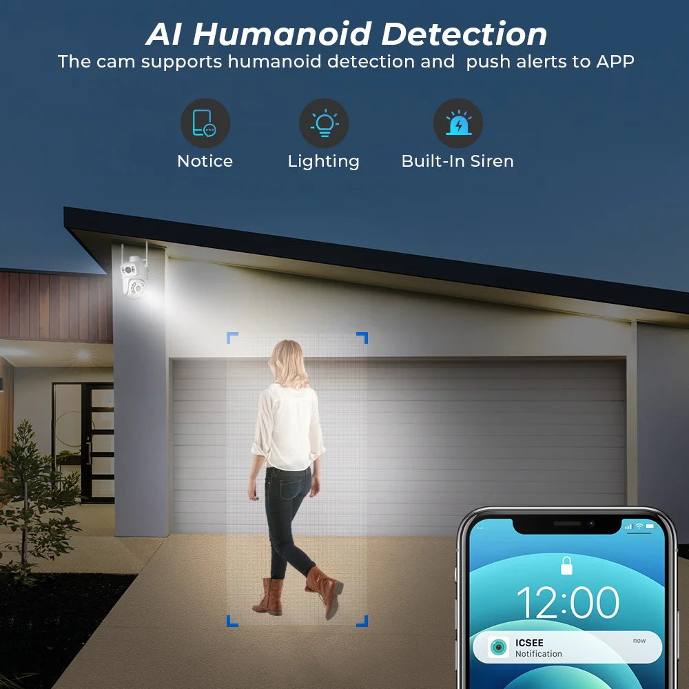 Câmara PTZ Wifi 8MP 4K com Dupla Lente e Duplo Ecrã, Detecção de Humanos por IA, Rastreio Automático, Câmara de Vigilância Sem Fios para Exterior, App iCSee