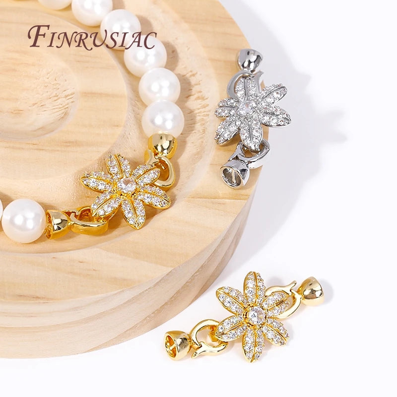 18K Gold Plated Inlay Zircon Flowers Connector Clasps For Pearl Necklace Supplies, Beads Clasps Fastener DIY Jewelry Making