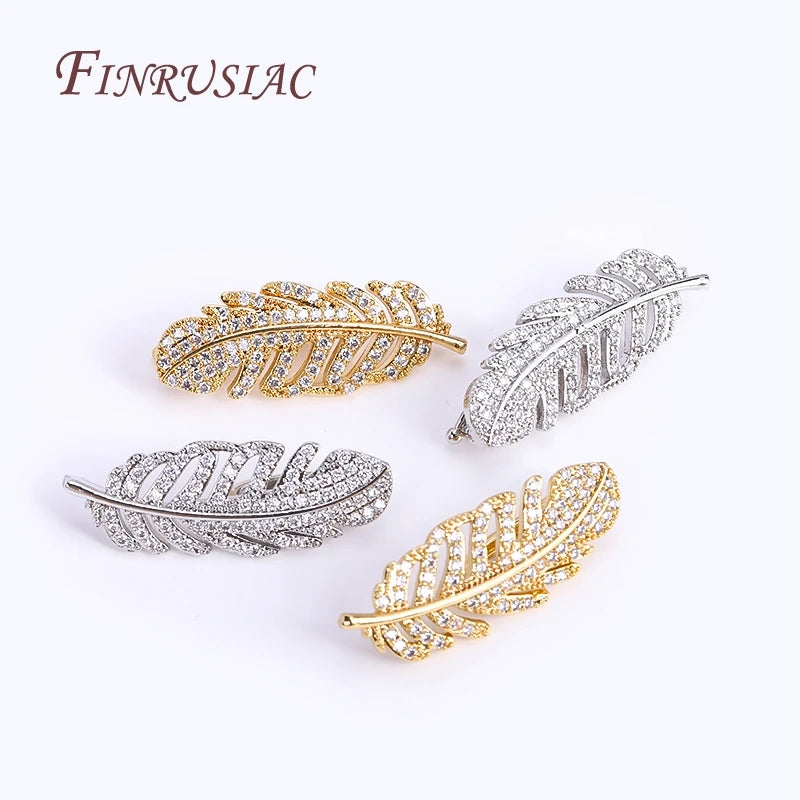 12X32MM 18K Gold Plated Feather Pearl Clasp Supplies For Necklace Making,Inlaid Zircon Beads Clasps Fastener Findings DIY Crafts