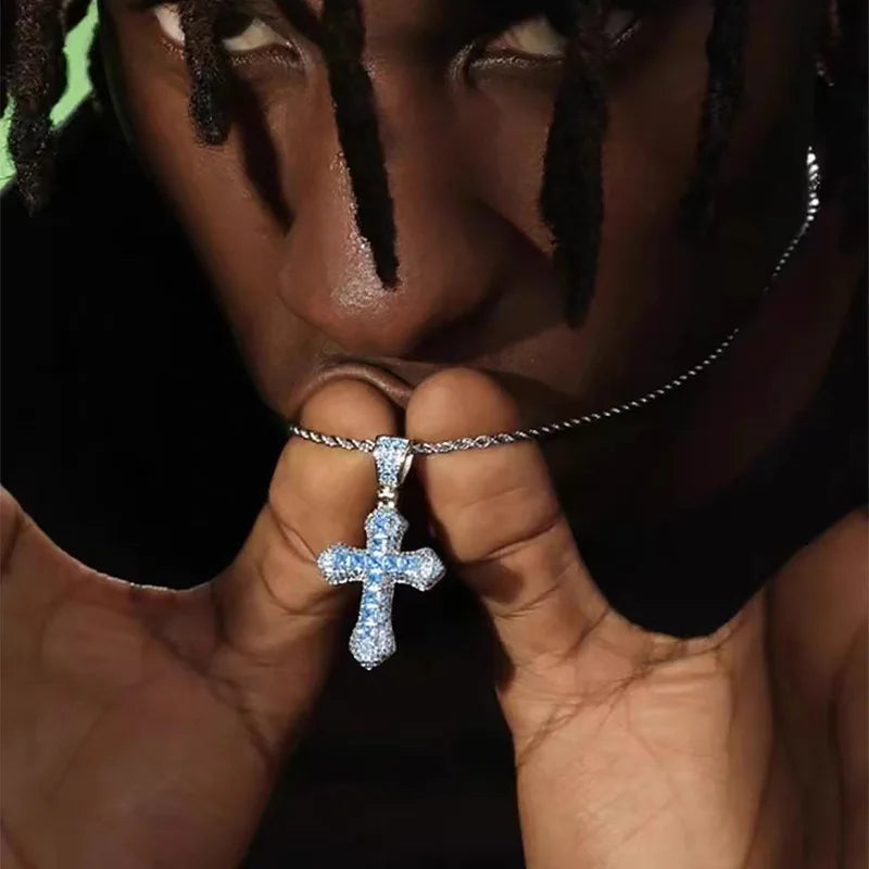 Iced Out Zirconia Cross Pendant Necklaces Fashion Hiphop Rapper's Stainless Steel Rope Chain on Neck Homme Trend Jewelry OHP141