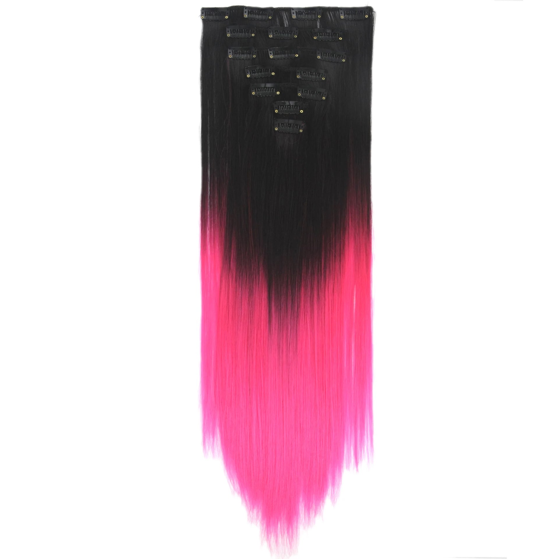 Soowee Extensões de Cabelo Sintéticas Clip em Ombre Preto a Rosa Peças de Cabelo Arco-íris Clip Natural