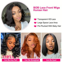 Perruque Bob Ondulée Corps Lace Front Perruques Cheveux Humains HD Dentelle Transparente Perruques Sans Colle Cheveux Humains