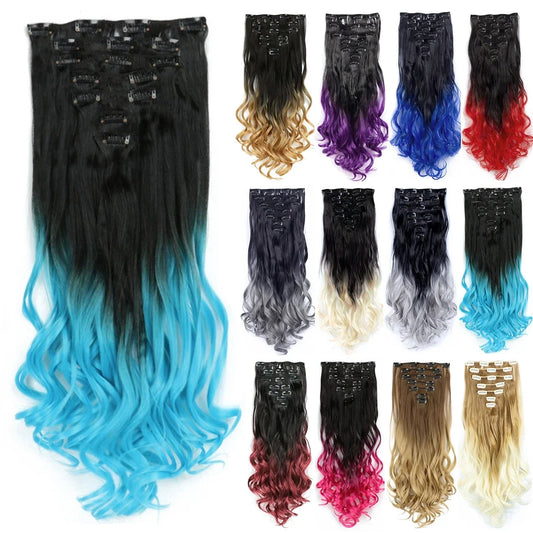 Extensions de cheveux en clip ombré noir à bleu synthétique bouclé pour une tête complète, pièces de cheveux naturels.