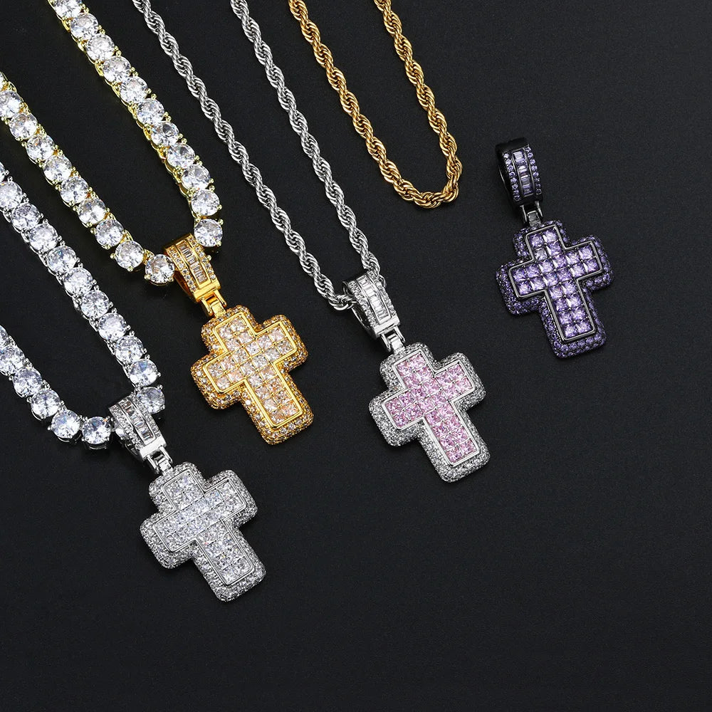 Hip Hop Iced Out AAA+ Cubic Zirconia Cross Pendant Necklace Rope Stainless Steel Chain on Neck Men Male Punk Rock Jewelry OHP155