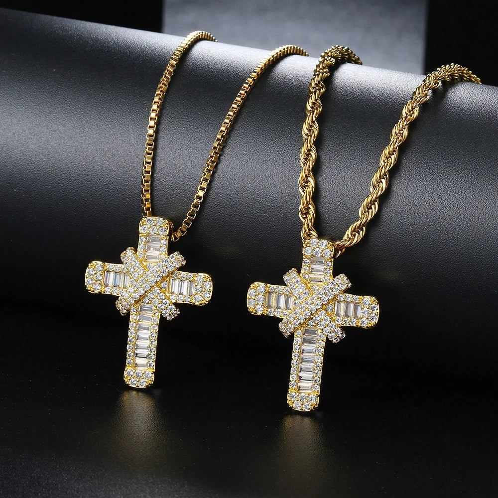 Colares de Cruz Pendentes Iced Out para Mulheres Hip Hop Cor Dourada Cadeia de Zircon Rua Joias Hippie Presente de Natal OHP142