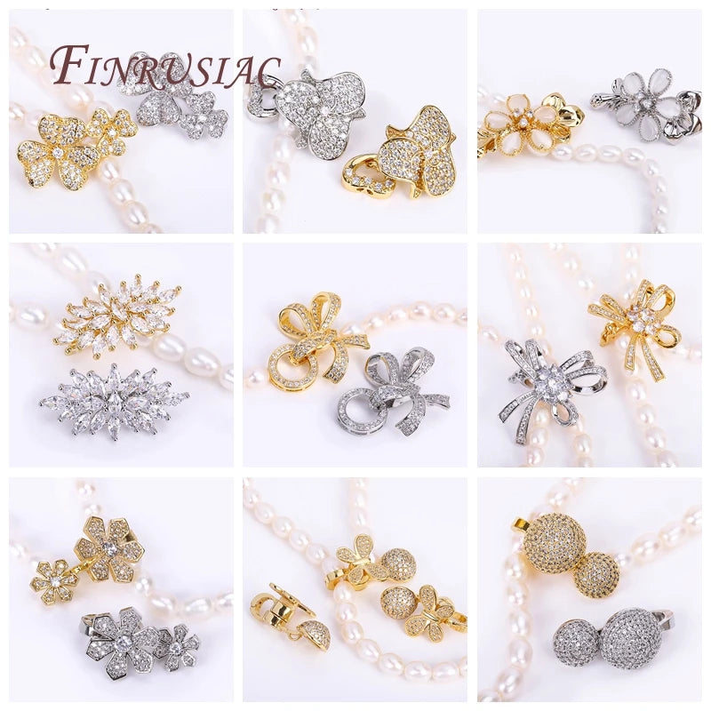 18K Plaqué Or Réel Fermoir en Perles de Luxe avec Zircon et Strass, Fermoir en Fleur pour Collier de Perles DIY