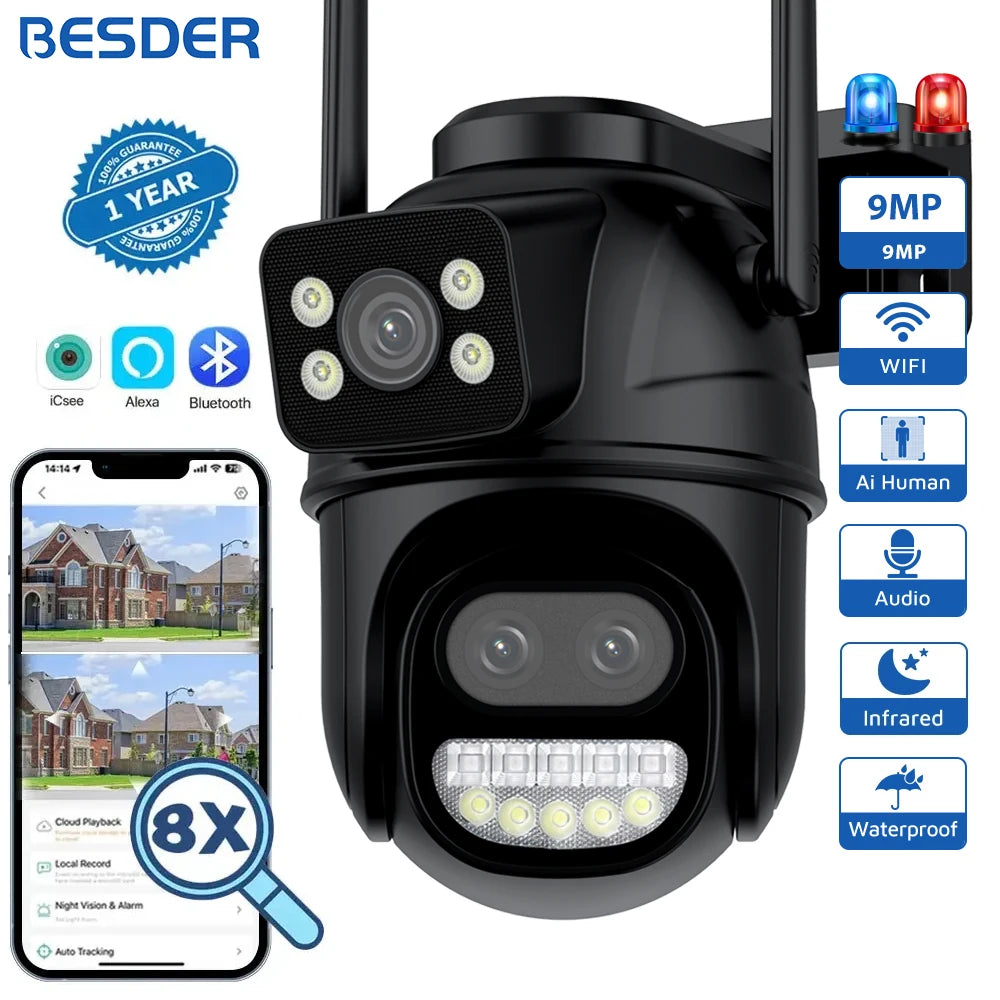 BESDER Caméra Wifi à Double Écran 9MP PTZ Zoom Numérique 8X Vision Nocturne Couleur Protection Extérieure Caméra IP CCTV 8MP iCSee