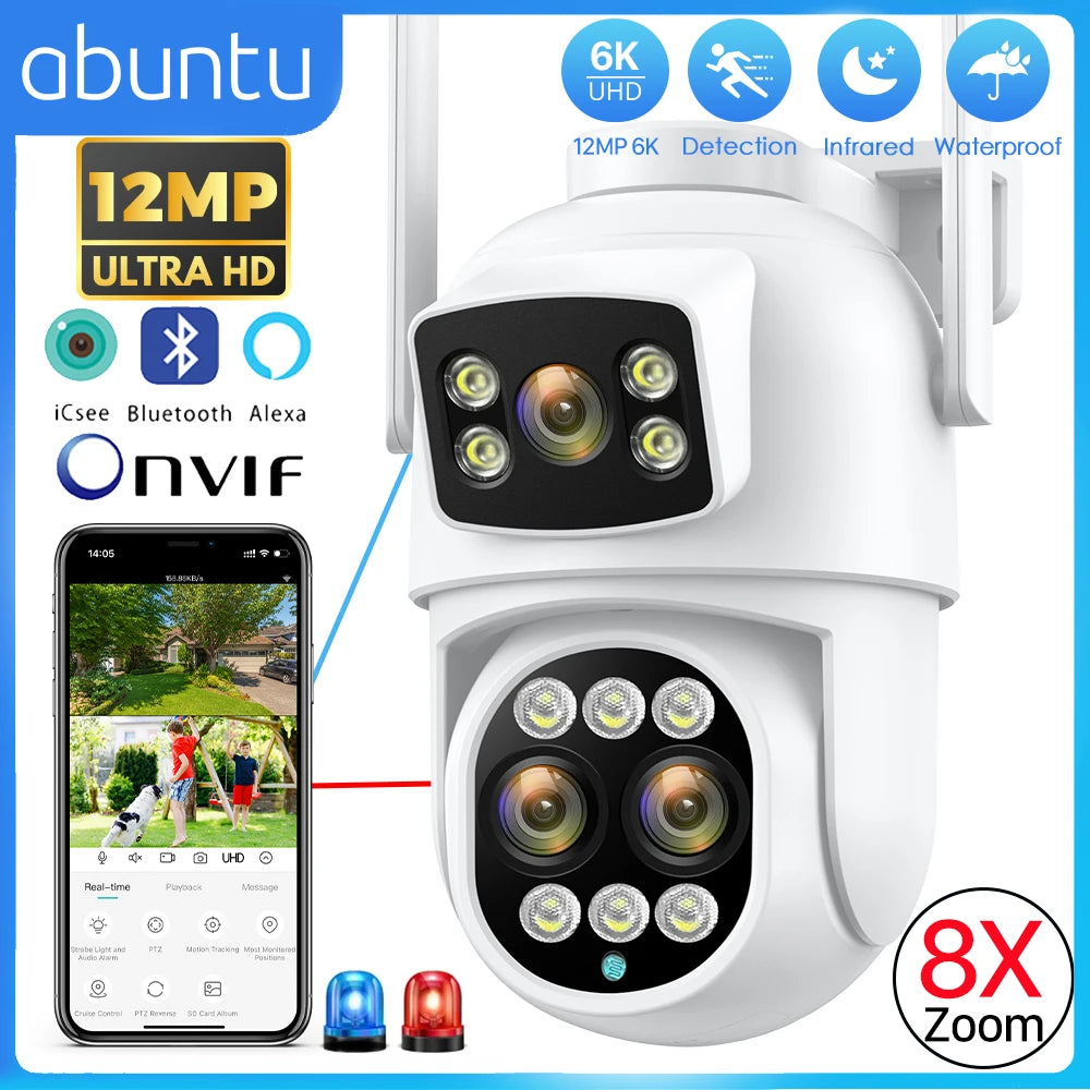 12MP 6K WiFi IP Camera 8X Zoom Dual Screens 8MP PTZ Wifi Surveillance Camera Outdoor Night Vision ICSEE APP CAM Human Detection