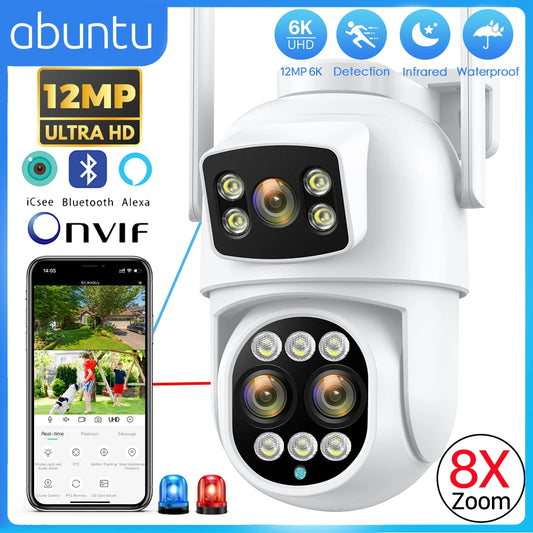 12MP 6K Caméra IP WiFi 8X Zoom Écrans Doubles Caméra de Surveillance PTZ Wifi 8MP Vision Nocturne ICSEE APP CAM Détection Humaine