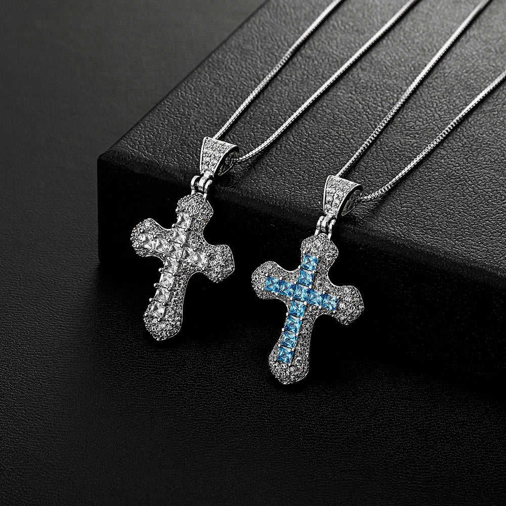 COLLIER CROIX BRILLANT CLASSIQUE TOPGRILLZ PENDENTIF EN ZIRCONIUM BLEU BAGUETTE GLACÉ MODE FEMME JÉSUITE HIP HOP BIJOUX