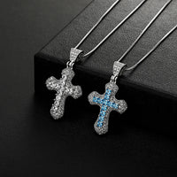 TOPGRILLZ New Classic Shiny Cross Necklace Iced Baguette Blue Zirconia Pendant Fashion Female Religious Jesus Hip Hop Jewelry