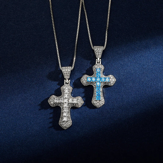 COLLIER CROIX BRILLANT CLASSIQUE TOPGRILLZ PENDENTIF EN ZIRCONIUM BLEU GLACÉ BAGUETTE MODE FEMME RELIGIEUX JÉSUS BIJOU HIP HOP