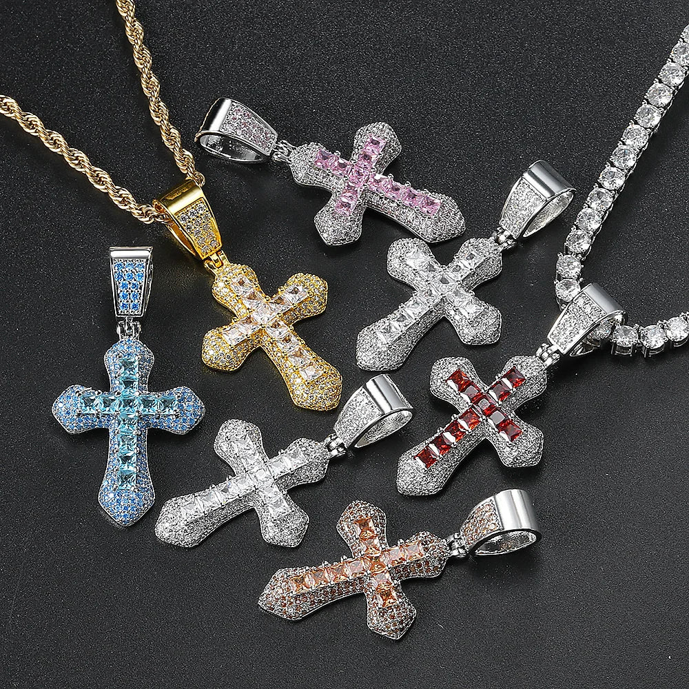 Pendentifs croix en zirconia glacé Colliers de mode Hiphop Rapper en chaîne en acier inoxydable sur le cou Homme Bijoux tendance OHP141