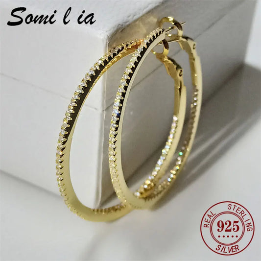 SOMILIA Boucles d'oreilles créoles larges plaquées or 18K en argent sterling 925 Simple Classique Boucles d'oreilles pour femmes Cерьги Kольца Bijoux pour dames