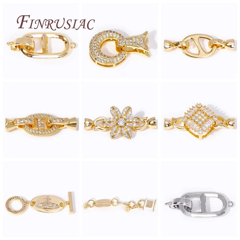 18K Gold Plated Inlay Zircon Flowers Connector Clasps For Pearl Necklace Supplies, Beads Clasps Fastener DIY Jewelry Making