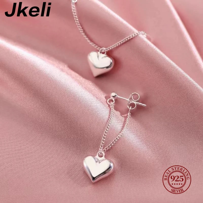 S925 Silver Simple Pair Love Heart Drop Earrings For Women Vintage Smooth Heart Shaped Chain Tassel Earrings Fine Party Jewelry