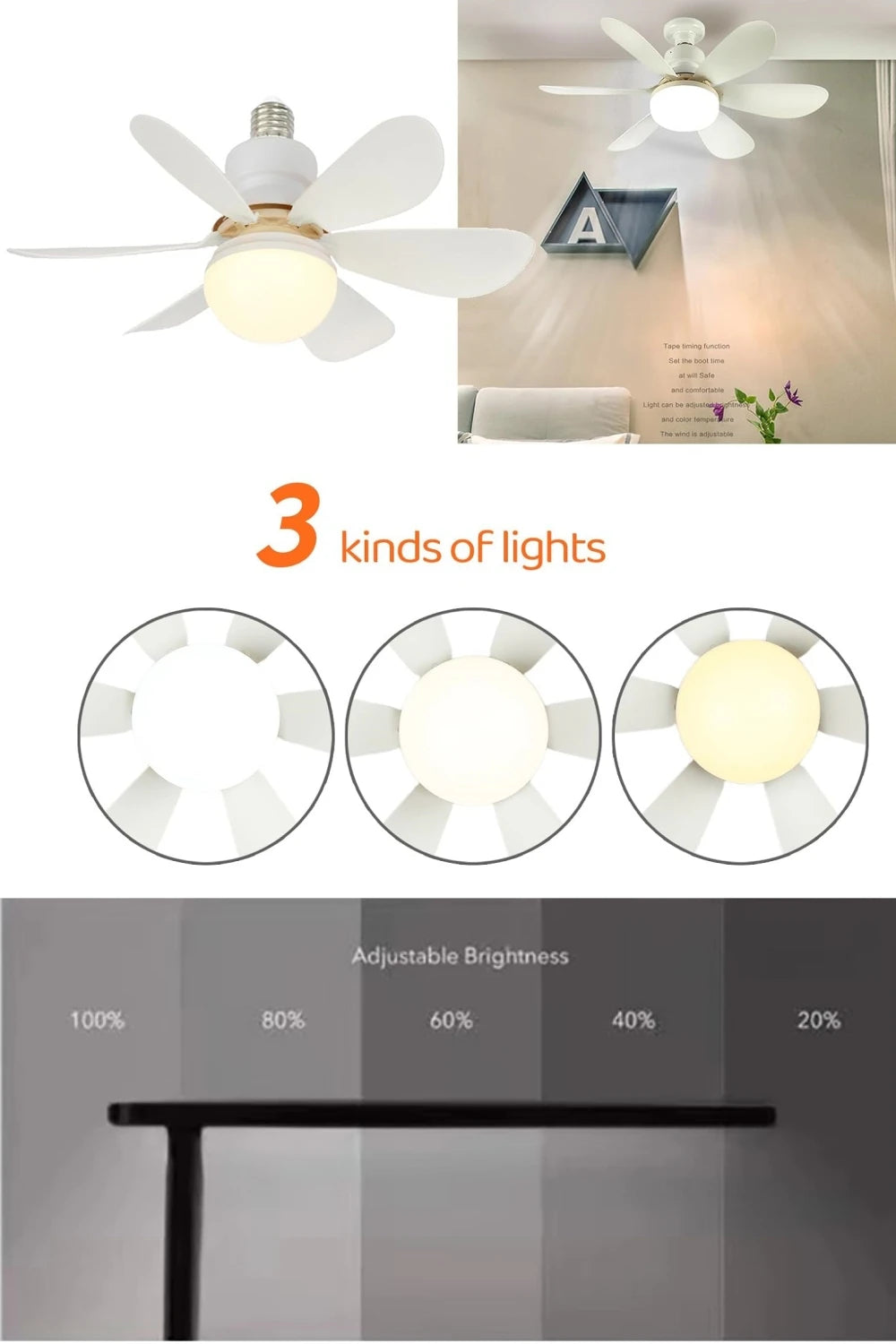 Socket Fan Lamp 30W/40W E27 Base Wireless Remote Control LED Ceiling Fan Replacement for Bedroom Living Room Kitchen Balcony