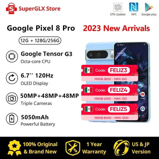 2023 Nouveau Google Pixel 8 Pro 5G Google Tensor G3 12 Go 128 Go 6,7" NFC Octa Core Android 14 IP68 résistant à la poussière/l'eau Caméras 50 MP