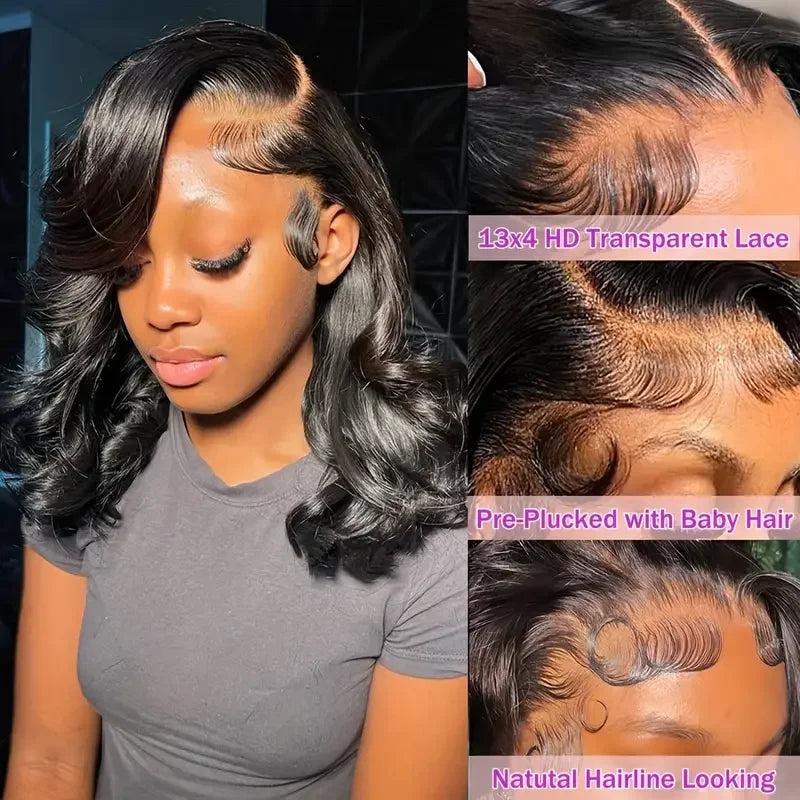 Perruque Bob Ondulée Corps Lace Front Perruques Cheveux Humains HD Dentelle Transparente Perruques Sans Colle Cheveux Humains