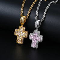 Hip Hop Iced Out AAA+ Cubic Zirconia Cross Pendant Necklace Rope Stainless Steel Chain on Neck Men Male Punk Rock Jewelry OHP155