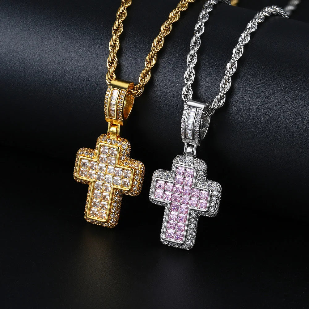 Collier Pendentif Croix Iced Out AAA+ Zircon Cubique Hip Hop Chaîne en Acier Inoxydable pour Hommes Bijoux Punk Rock OHP155