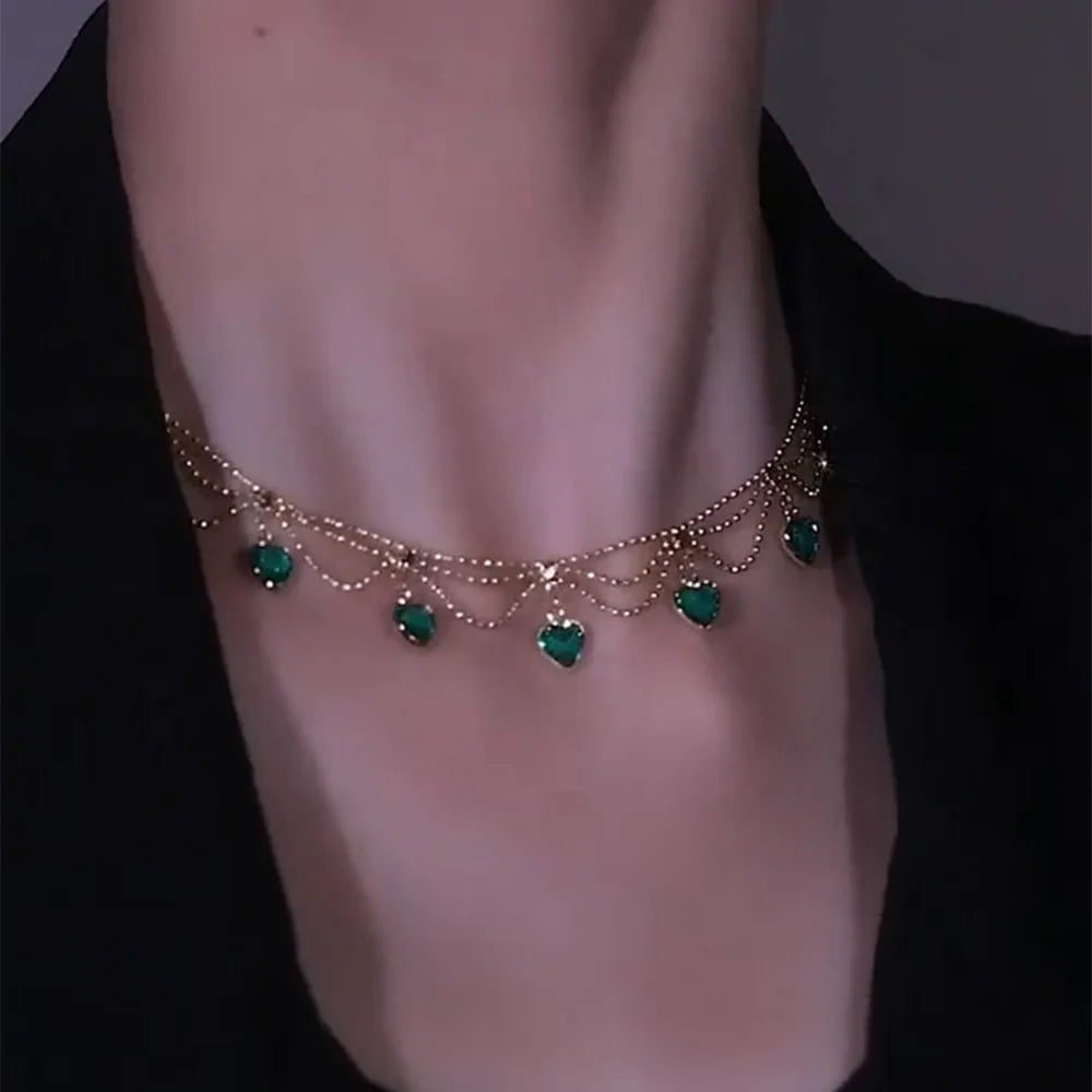 YOUNGX Collier Cœur en Zircon Émeraude Vintage Luxe Superposé Plaqué Or Réel Choker en Cristal Rouge Vert pour Femme Cadeau de Bijoux