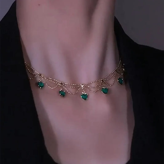 COLAR DE CORAÇÃO DE ZIRCÃO EMERALD VINTAGE YOUNGX LUXO CAMADAS BANHADO A OURO REAL CHOKER DE CRISTAL VERMELHO VERDE PARA MULHER PRESENTE DE JOALHARIA