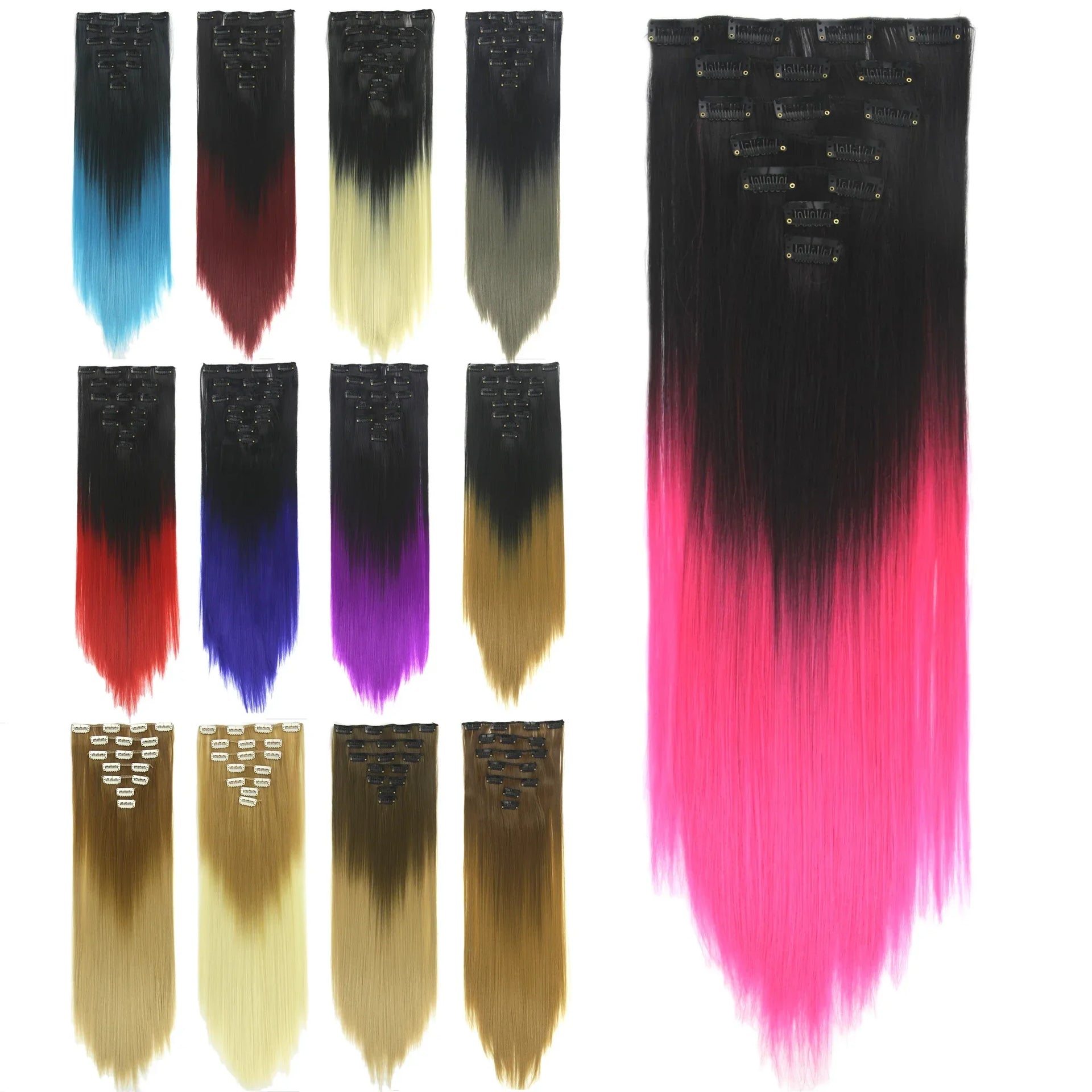 Peças de Cabelo Ombre Preto a Rosa Sintéticas com Clips Extensões de Cabelo Arco-Íris Clip Natural