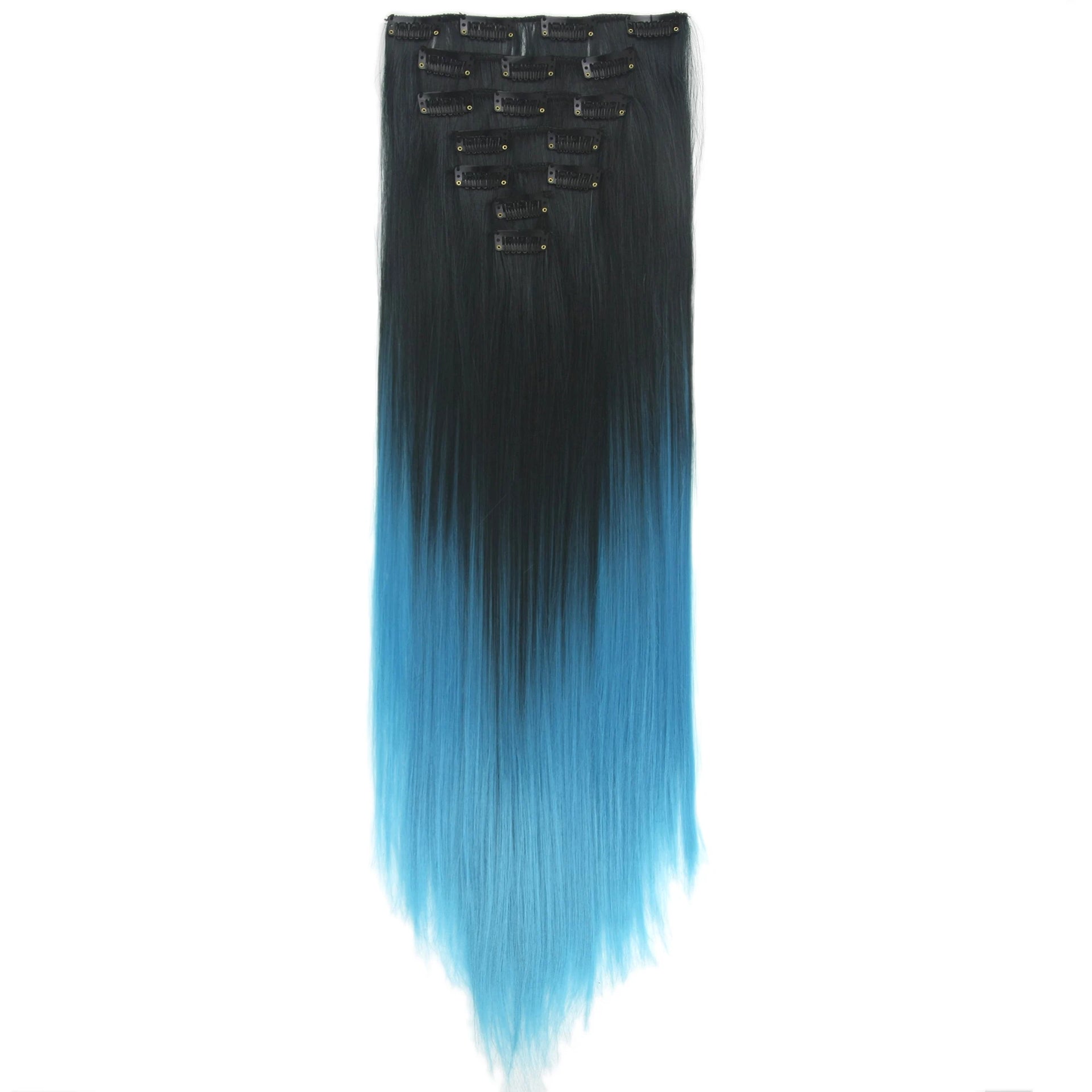 Soowee Extensões de Cabelo Sintéticas Clip em Ombre Preto a Rosa Peças de Cabelo Arco-íris Clip Natural