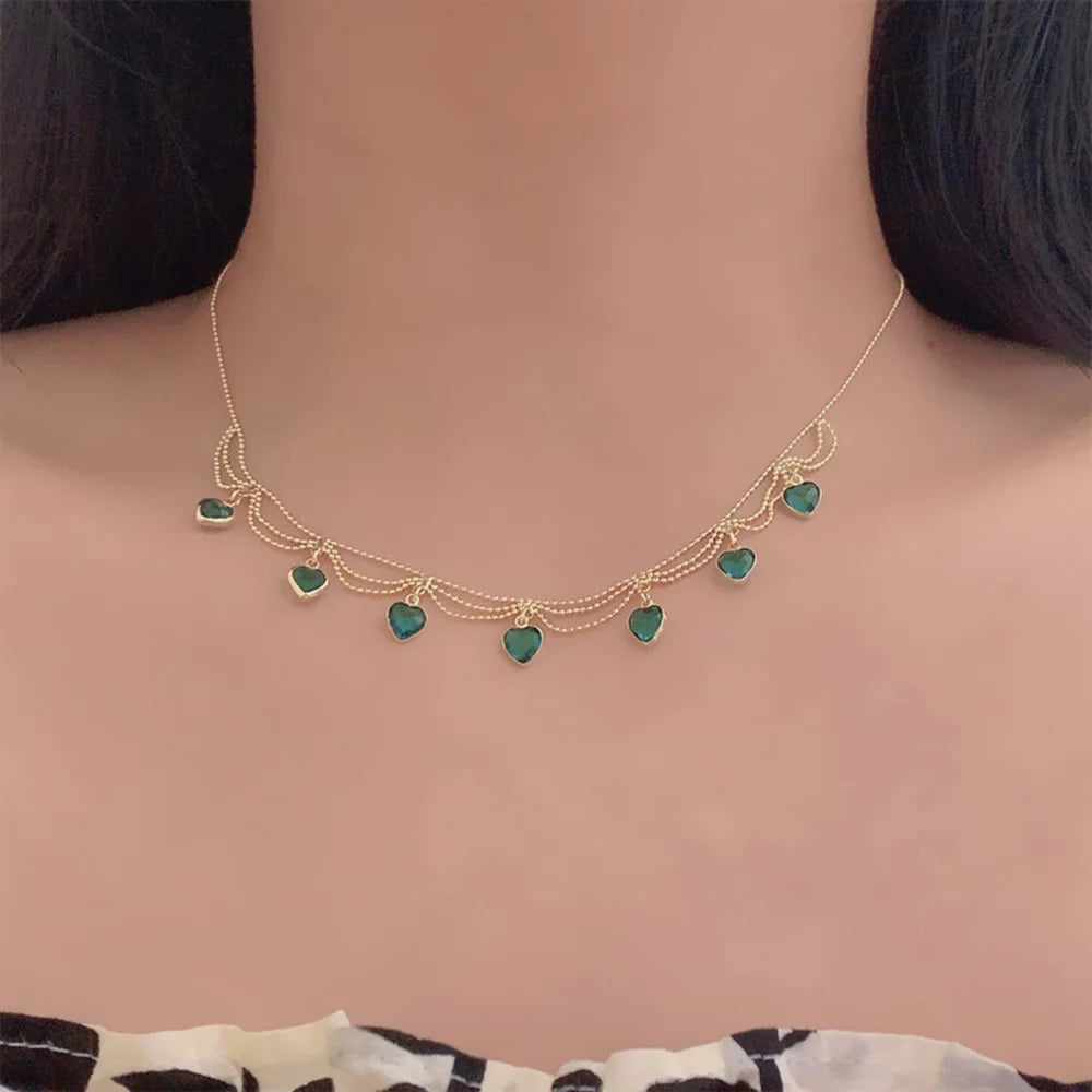 YOUNGX Vintage Emerald Zircon Heart Necklace Luxury Layered Real Gold Plated Red Green Crystal Choker For Women Jewelry Gift