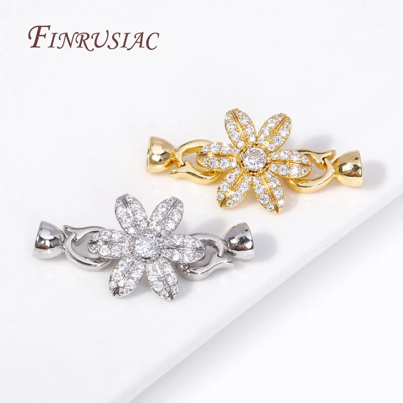 18K Gold Plated Inlay Zircon Flowers Connector Clasps For Pearl Necklace Supplies, Beads Clasps Fastener DIY Jewelry Making