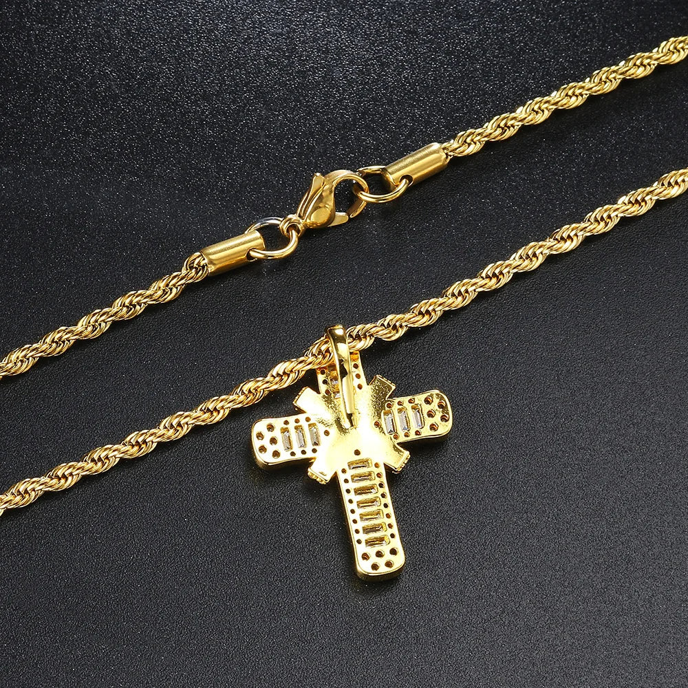 Pendentifs en croix glacés pour femmes, colliers hip hop couleur or, chaîne en zircon, bijoux streetwear hippie, cadeau de Noël OHP142