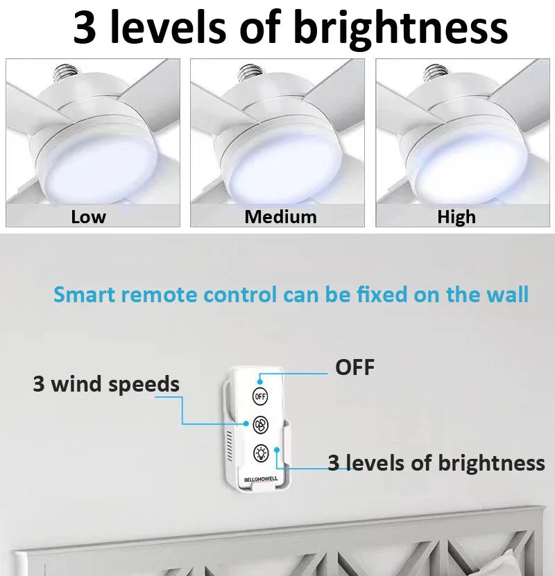 30W Ventilador de Teto com Luz LED Soquete E27 Ventilador com Controle Remoto Inteligente 1000Lm 5000K Lâmpada Ventilador para Quarto Sala de Estar