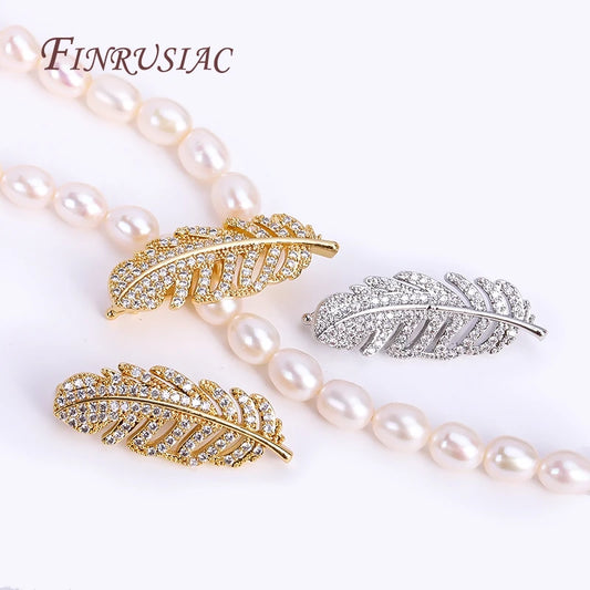 12X32MM 18K Gold Plated Feather Pearl Clasp Supplies For Necklace Making,Inlaid Zircon Beads Clasps Fastener Findings DIY Crafts