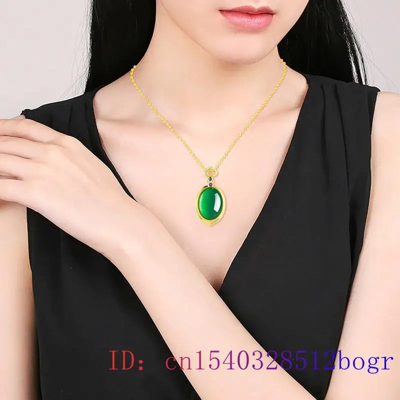 Green Real Jade Agate Pendant Necklace Gemstone Amulet Gift Energy 18K Gold Plated Luxury Choker Natural Jewelry Men Designer