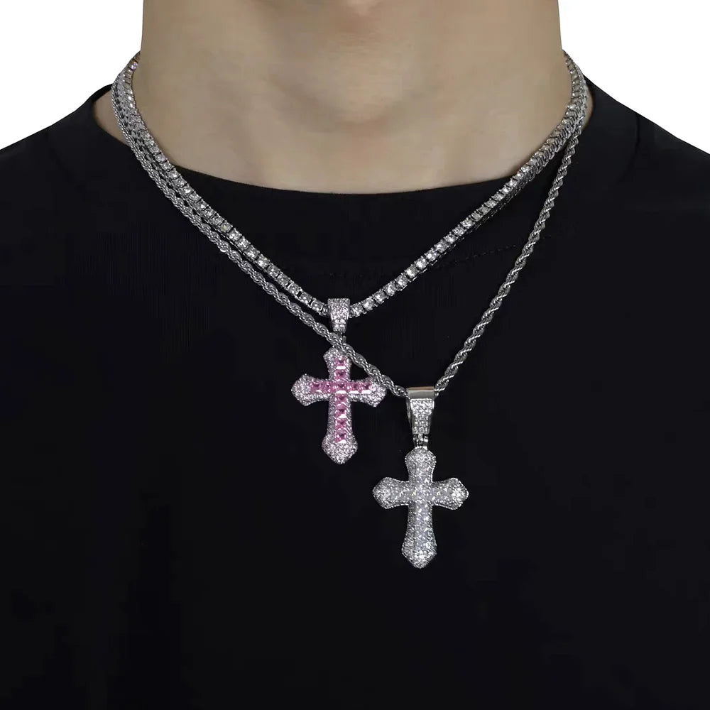 Iced Out Zirconia Cross Pendant Necklaces Fashion Hiphop Rapper's Stainless Steel Rope Chain on Neck Homme Trend Jewelry OHP141