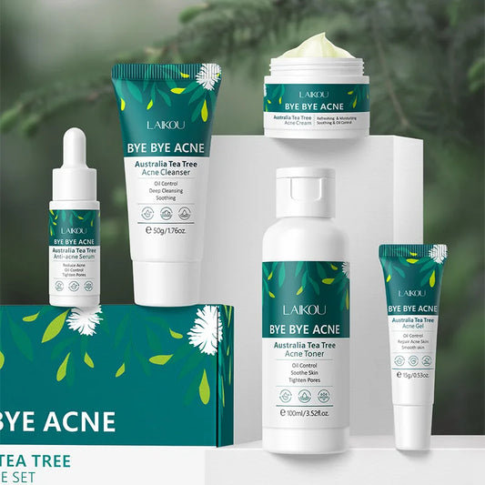 Kit de soins de la peau pour les pores d'acné Crème pour le visage au théier Nettoyant Tonique de contrôle de l'huile Gel de traitement de l'acné Sérum hydratant Ensemble de soins de la peau Cosmétiques