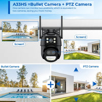 BESDER Caméra Wifi à Double Écran 9MP PTZ Zoom Numérique 8X Vision Nocturne Couleur Protection Extérieure Caméra IP CCTV 8MP iCSee